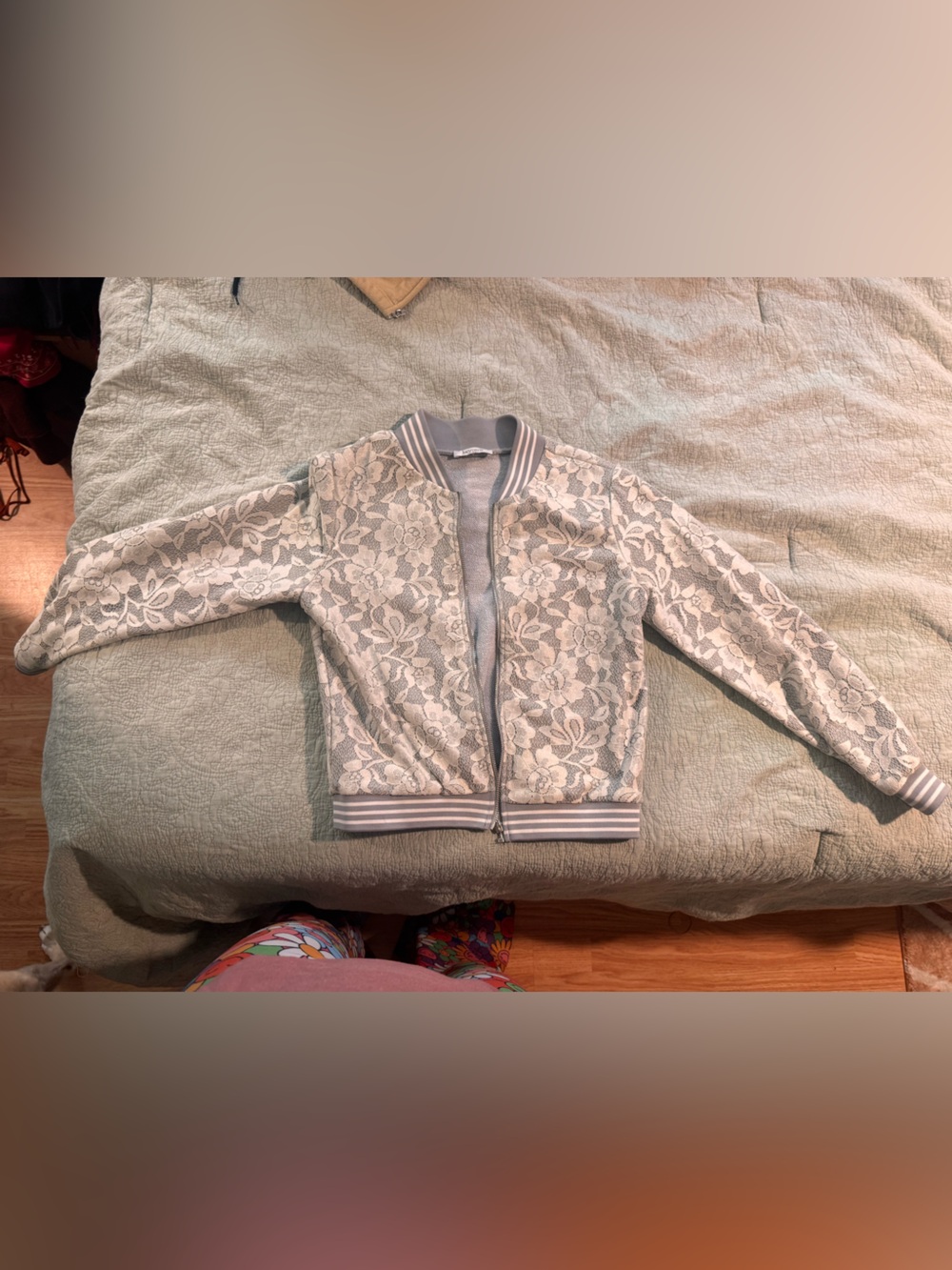Lucy Paris White Lace Bomber Jacket with Striped Trim